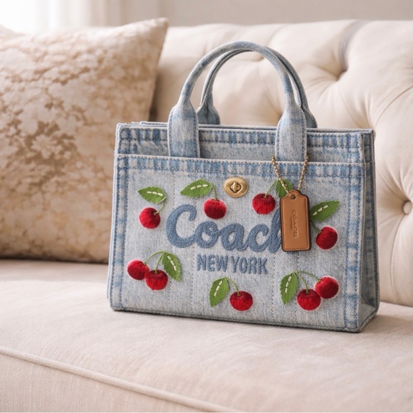 Coach Blue Denim Tote with Red Cherry Design - Picture 2 of 11